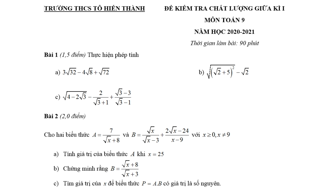 Toán 9: Đề kiểm tra giữa học kỳ 1. Trường THCS Tô Hiến Thành năm học 2020-2021